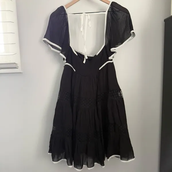 Anthropologie‎ Maeve XS Flutter Sleeve Bow Babydoll Dress Black White Whimsigoth - Image 7