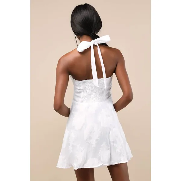 NWT Lulus Bonni White Floral Jacquard Halter Mini Dress Engagement Party Size XL - Image 3