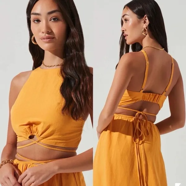 Astr The Label Marigold Divine Tie Waist Crop Top ONLY Linen Blend Size Small - Image 2