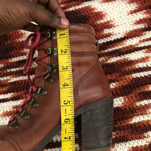 Lucky Brand Brown leather red lace-up ankle combat mid high top boho hiking boots booties heels #timberland - Image 5