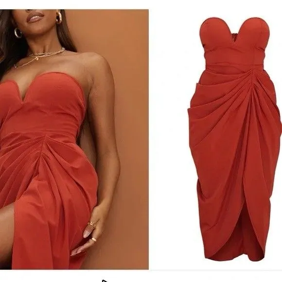 PRETTYLITTLETHING Rust Satin Strapless Ruched Side Slit Midi Dress Size 6 - Image 3