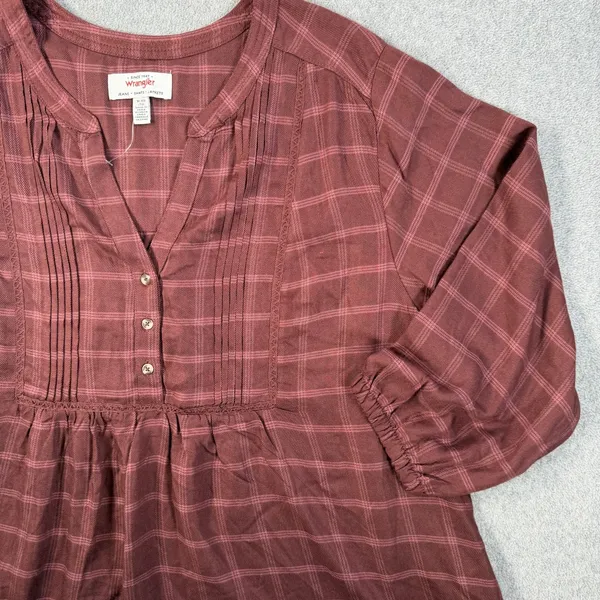 Wrangler Women's XL Burgundy Plaid Pleated V-Neck 3/4 Sleeve Peasant Blouse Top - Image 2