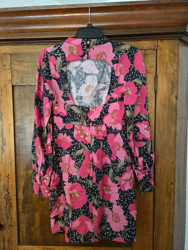 O Anthropologie Linen Kachel Black Mini Dress with Pink Floral Print NWOT size 4 - Image 7