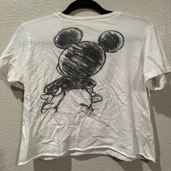 Disney Mickey Mouse sketch hi and bye raw hem cropped tee sz L - Image 4