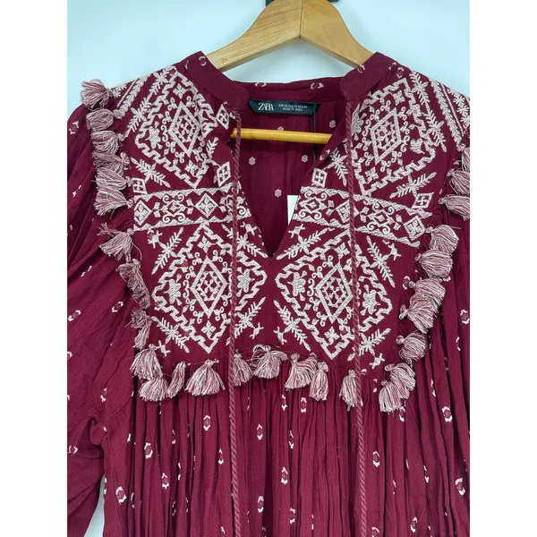 NWT Zara‎ Boho Embroidered Tassel Mini Dress XS Wine Red Peasant - Image 6