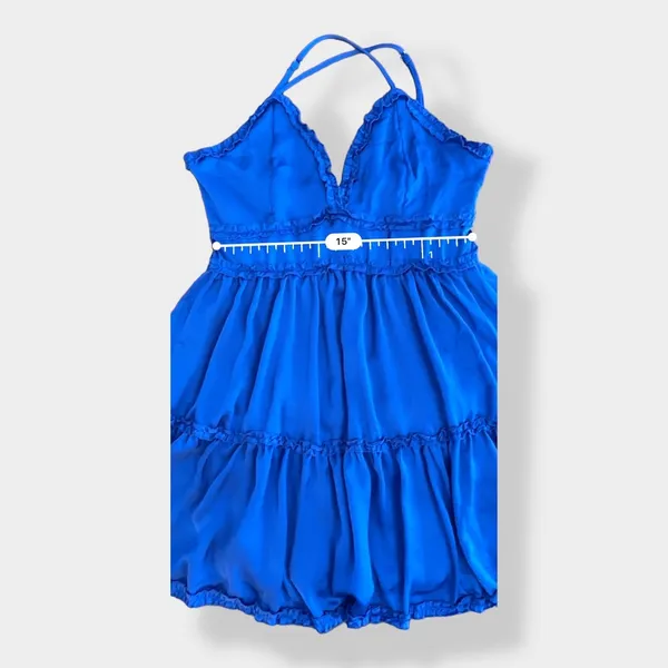 She + Sky Satin Blue tiered ruffled‎ mini dress Size L - Image 4