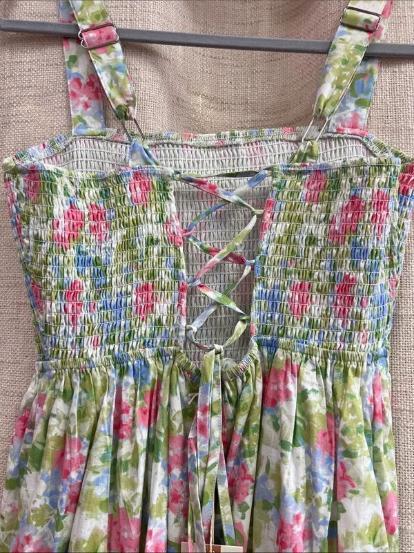 Floral Smocked Tiered Midi Dress Pink Blue Green Print Large - Image 15