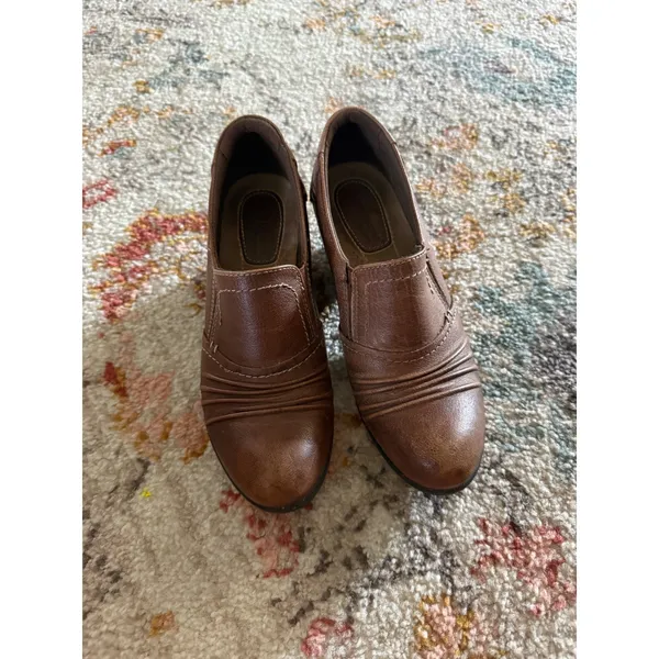 Earth Origins Derby Brown Leather Ruched Block Heel‎ Loafers Womens 7M - Image 2