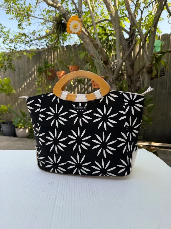Kate Spade New York Floral Canvas Wood Handle Satchel Tote Bag Black White - Image 2