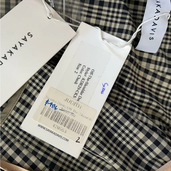New Sayaka Davis Off Shoulder Cream Black Check Plaid Puff Sleeve Dress 2 NWT - Image 4