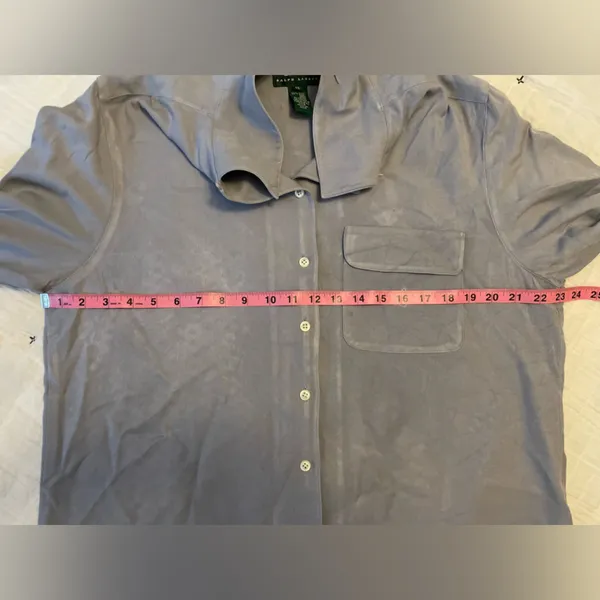 RALPH LAUREN Silk Button Front Collared Embroidered Pocket Sleep Top Size 14 - Image 10