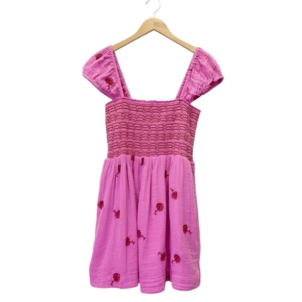 NWT Free People Tory Embroidered Mini Dress Pink Smocked Floral Boho Size Large - Image 2