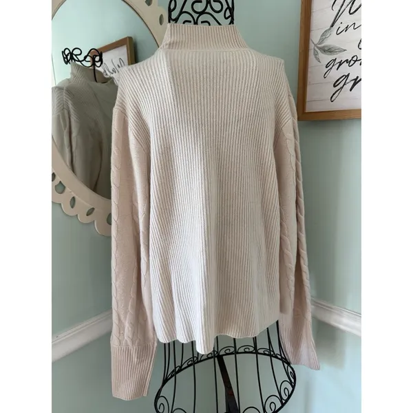 Magaschoni‎ Cashmere Wool Blend Mock Neck Ribbed Cable Knit Sweater Cream Large - Image 4