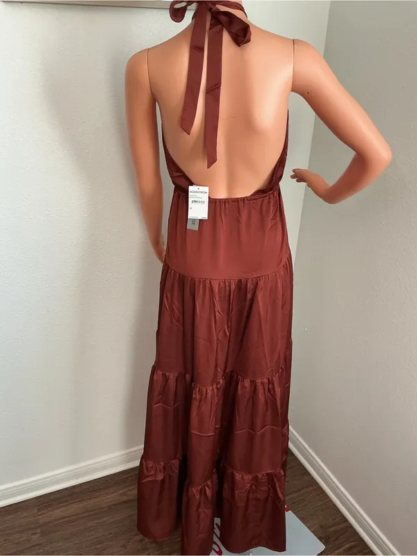 Love by Design Brown Satin Halter Tiered Maxi Dress XS NWT - Image 4