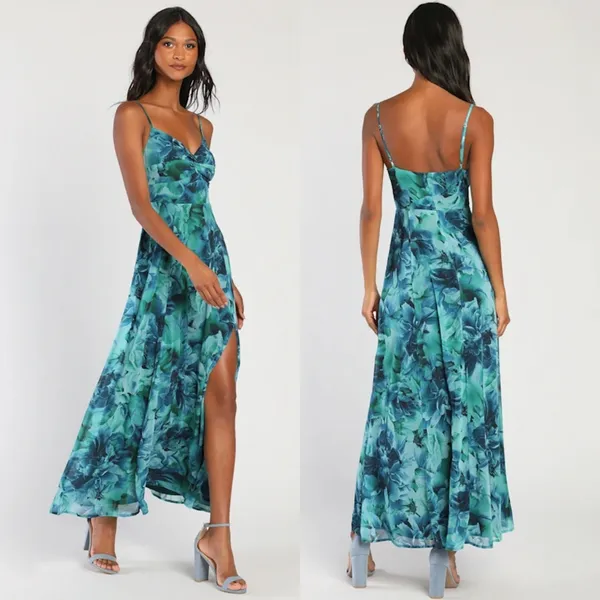 NWT Lulus Beautiful Soul Teal Green Floral Print Twist-Front Maxi Dress Size XXL - Image 2