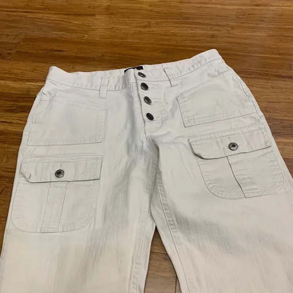 Y2K Bailey's Point Flare Leg Cargo Pants Womens Size 6 Button‎ Fly Cream Utility - Image 2
