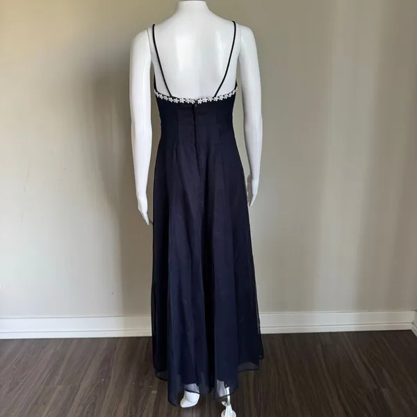 VTG 90’s Chiffon Layered Maxi Dress With Silver Flower Beaded Trim Prom Navy - Image 4