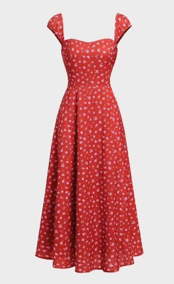 Rihoas Red Floral Sweetheart Neck Cap Sleeve Midi Dress - Image 9
