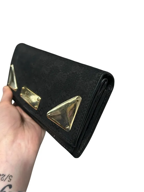 Authentic Gucci Guccissima GG Logo Black Fabric Gold Hardware Long Wallet - Image 2