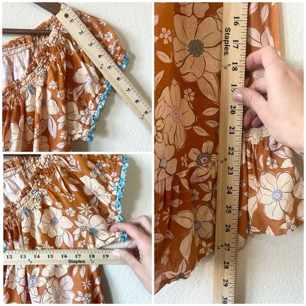 Free People Boho Floral Tunic Top Orange S Cotton Tie Neck Cap Sleeve Ruffle Hem - Image 6