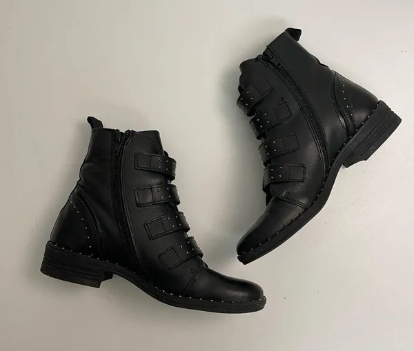 Steve Madden Boots Pursue Leather Ankle Buckles Studded Moto Motorcycle Black - Image 5