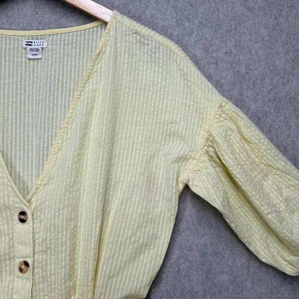 Billabong Womens Yellow Striped Puff Sleeve Button Front Seersucker Romper Sz‎ S - Image 4