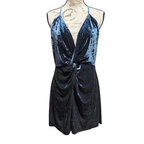 Zara NWT Festive Season Teal Crushed Velvet Twist Front Halter Mini Dress Large - Image 2