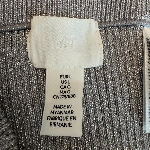 H&M Silver Metallic Ribbed Knit Midi Skirt L Stretch Pull On Party Holiday Rave - Image 3