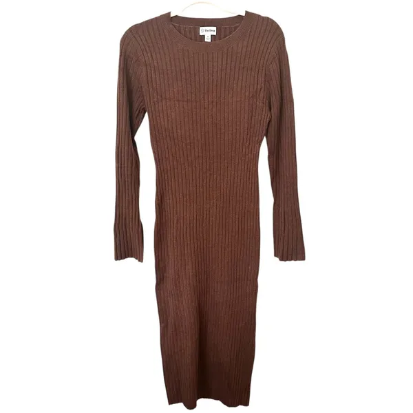 THE‎ DROP Ribbed Knit Bell Sleeve Midi Dress Brown Medium - Image 2