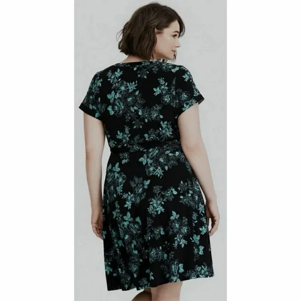 Torrid Black Aqua Floral Jersey Knit Faux Wrap Surplice Dress‎ Size 2X - Image 3