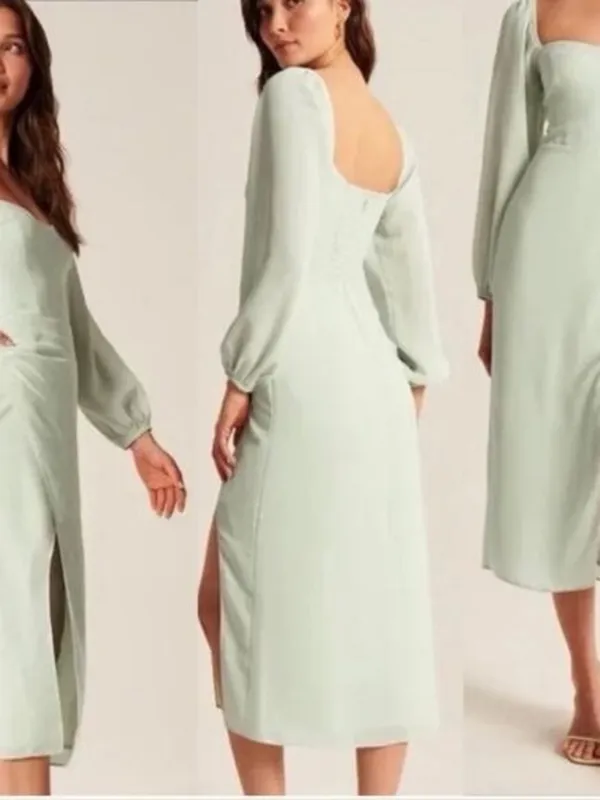 Abercrombie & Fitch Long-Sleeve Draped Skirt Midi Dress Mint Green - Large‎ - Image 2