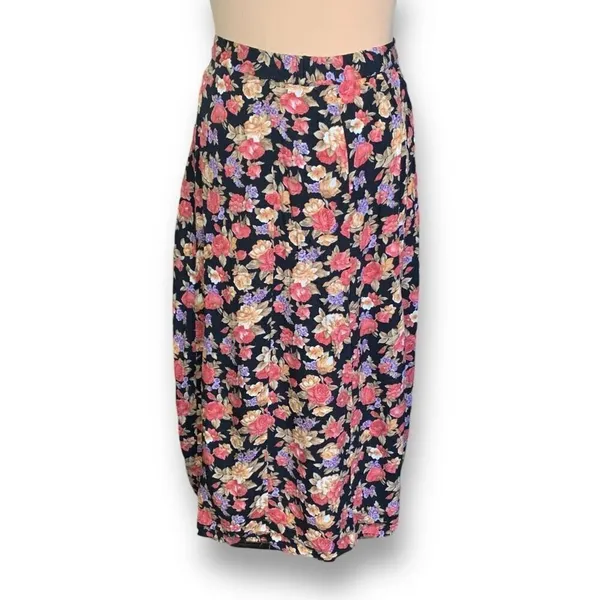 Vintage 90s Maxi Skirt Dark Floral Black Pink Cottagecore‎ Button Down XL - Image 5