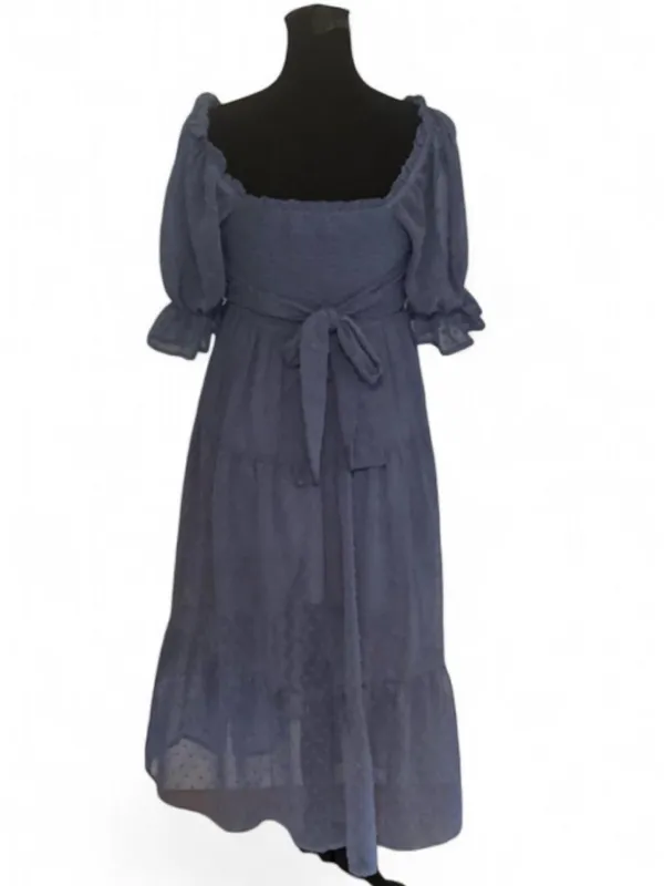 MEROKEETY Blue Solid Square Neck Smocked Belted Puff Sleeve Midi Dress S - Image 4