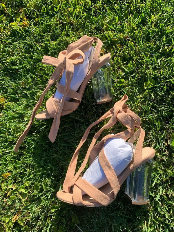 Qupid Beige Leg-Wrap Clear Block Heels - Image 2