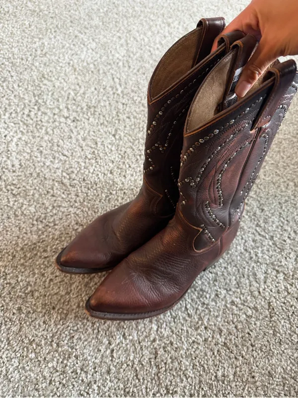 Frye Brown Billy Pull On Leather Studded Tall Cowboy Boot - Image 9