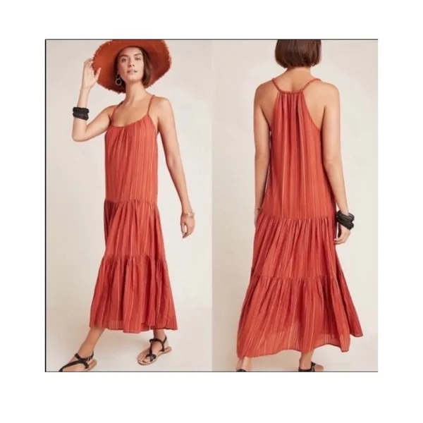 Anthropologie Frye x Alyssa Tiered Maxi Dress Copper Metallic Stripe Medium - Image 5