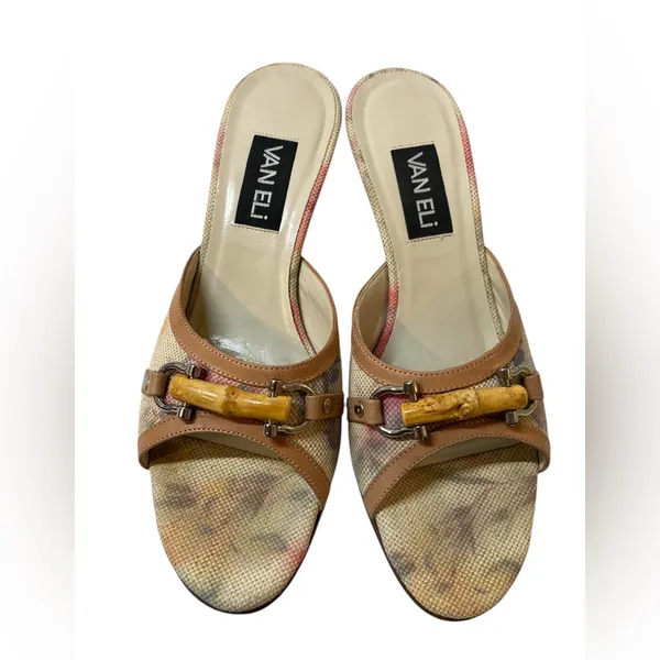 VANELI Tan/Beige Floral Canvas/Leather Slides Mules Heels Shoes - Size 8.5 Slim - Image 4