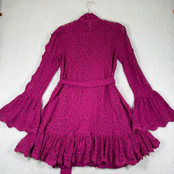 Free People Magenta Pink Lace Ruffle Bell Sleeve Mini Dress OB736065 Small - Image 8