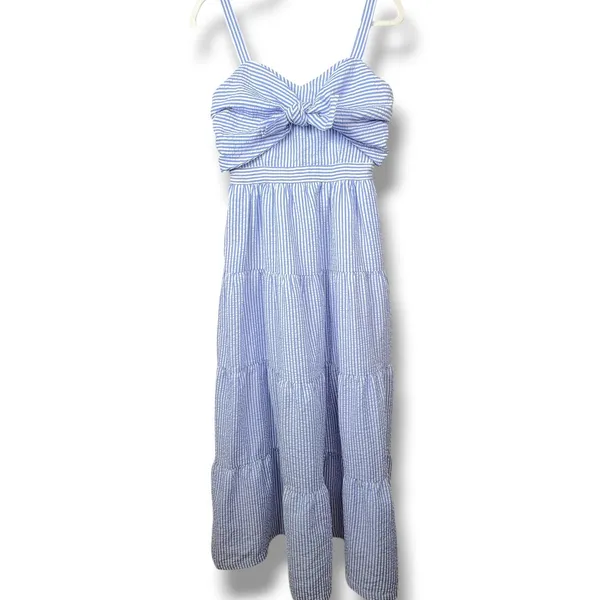 English Factory Blue White Stripe Seersucker Pattern Tier Knot Front Maxi Dress - Image 2