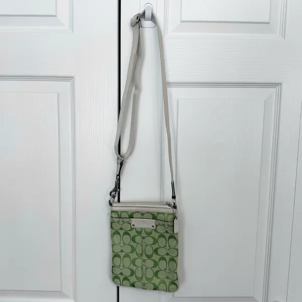 Vintage 90’s Coach Lime Green Signature Monogram Pattern Canvas Crossbody Bag - Image 2