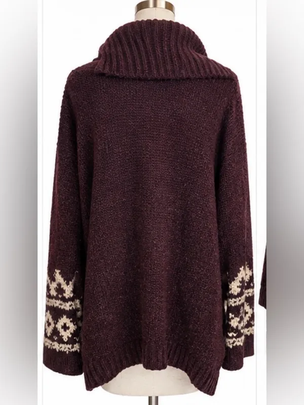 Free People Ragnar Fair Isle Oversized Wool Blend Cowl Neck Sweater Burgundy - Image 3