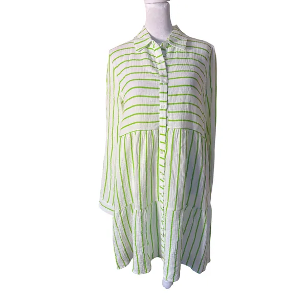 Anne Cole Ibiza Shirt Dress Womens S Lime Green NEW Striped Cotton Cover Up‎ - Image 2