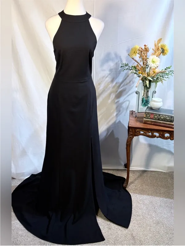 💥BHLDN Serephina Black Crepe Backless Halter Maxi Gown Side Slit Sz 12🧡 - Image 4