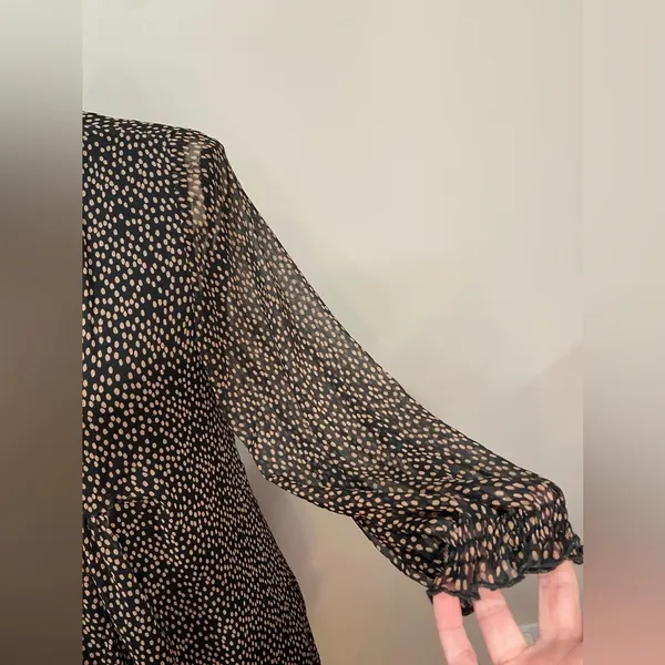 ZARA Polka Dot Sheer Long Sleeved Dress Black with tan dots‎ sz S - Image 4
