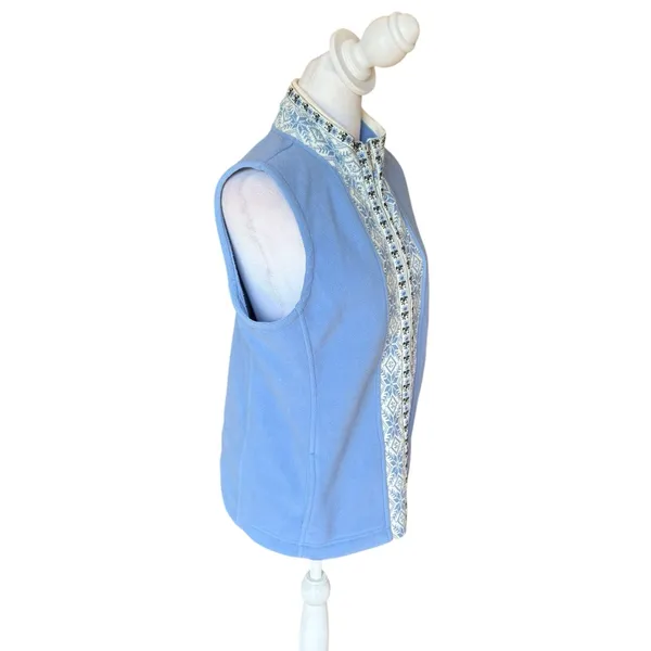 LL Bean Vest Jacket Blue Nordic Snowflake Fleece Mock Neck Full Zip Womens Med - Image 4