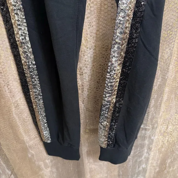 PINK Victorias Secret Sequin Bling Silver Black Gold Jogger Pants Medium - Image 6