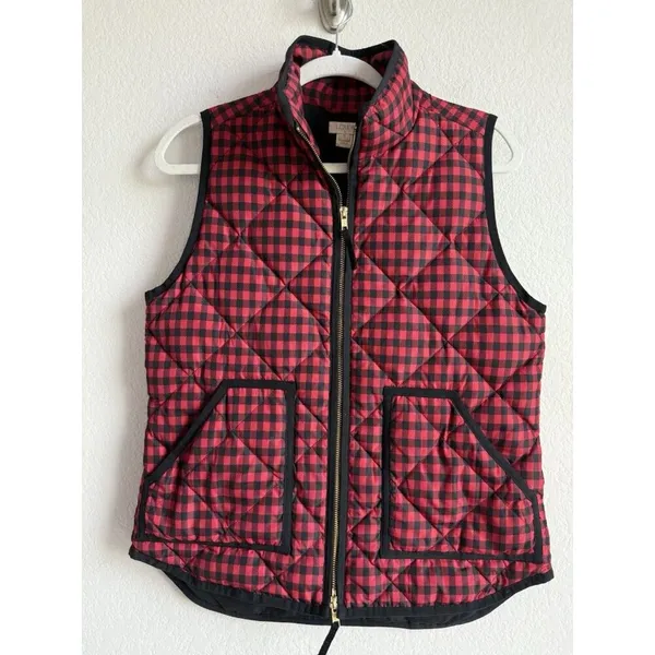 J.Crew Down Puffer Vest Womens Small Black‎ Red Gingham Printed Quilted Full Zip - Image 8