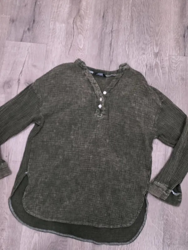 Dokotoo Green Textured Long Sleeve Button Henley Top Casual Loose Fit size mediu - Image 6