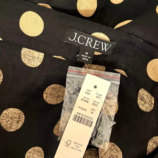NWT!! J. CREW Linen Polka Dot Square Neck Blouse Black Tan Top Preppy Medium - Image 10