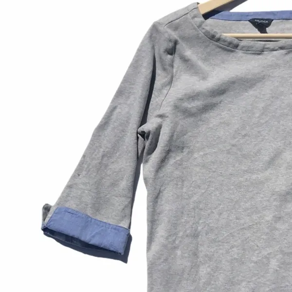Nautica Chambray Boat Neck Gray Cuff Sleeve Top‎ - Image 5